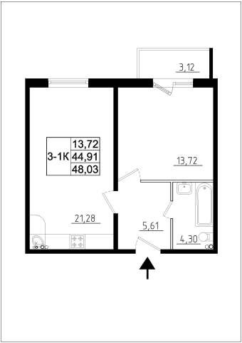 Однокомнатная квартира 48.03 м²