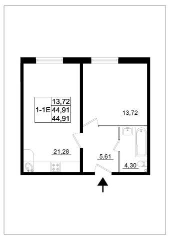 Однокомнатная квартира 44.91 м²